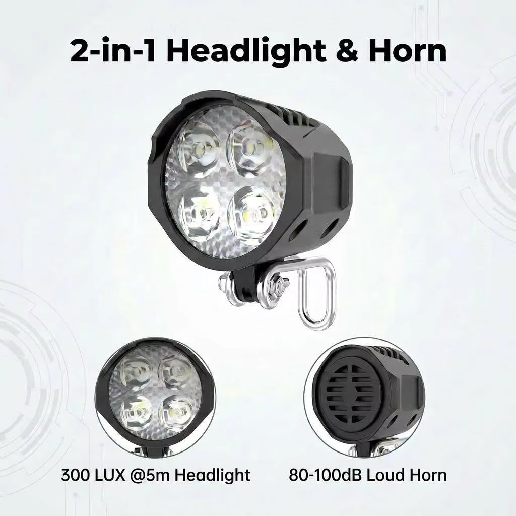 300LUX High Brightness Electric Bicycle Front Light 48V 36V 3W LED E-bike Headlight with Horn IPX4 Waterproof for Night Riding