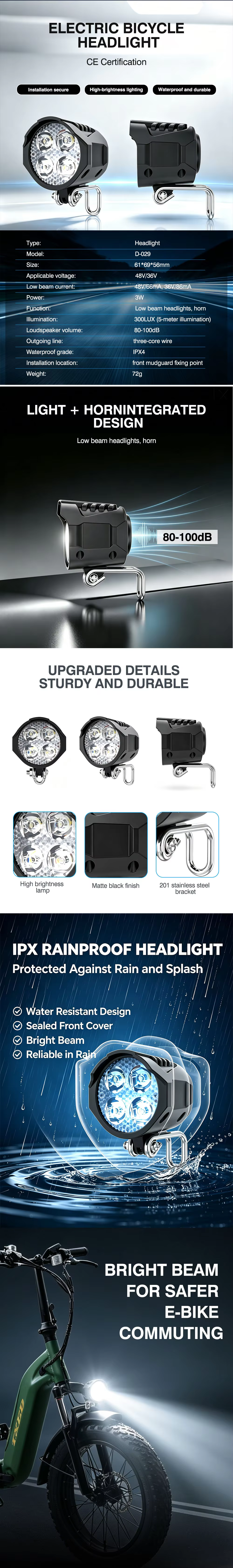 300LUX High Brightness Electric Bicycle Front Light 48V 36V 3W LED E-bike Headlight with Horn IPX4 Waterproof for Night Riding detail image 1