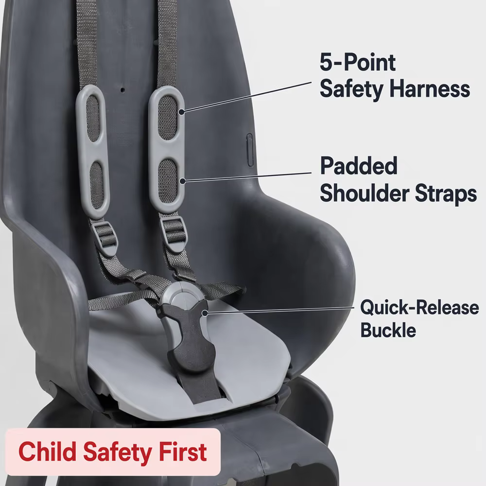 Adjustable Footrest Kids Rear Bike Seat with Shock Resistant Anti-Collision Safety Harness Ergonomic Curved Design All Seasons detail image 1