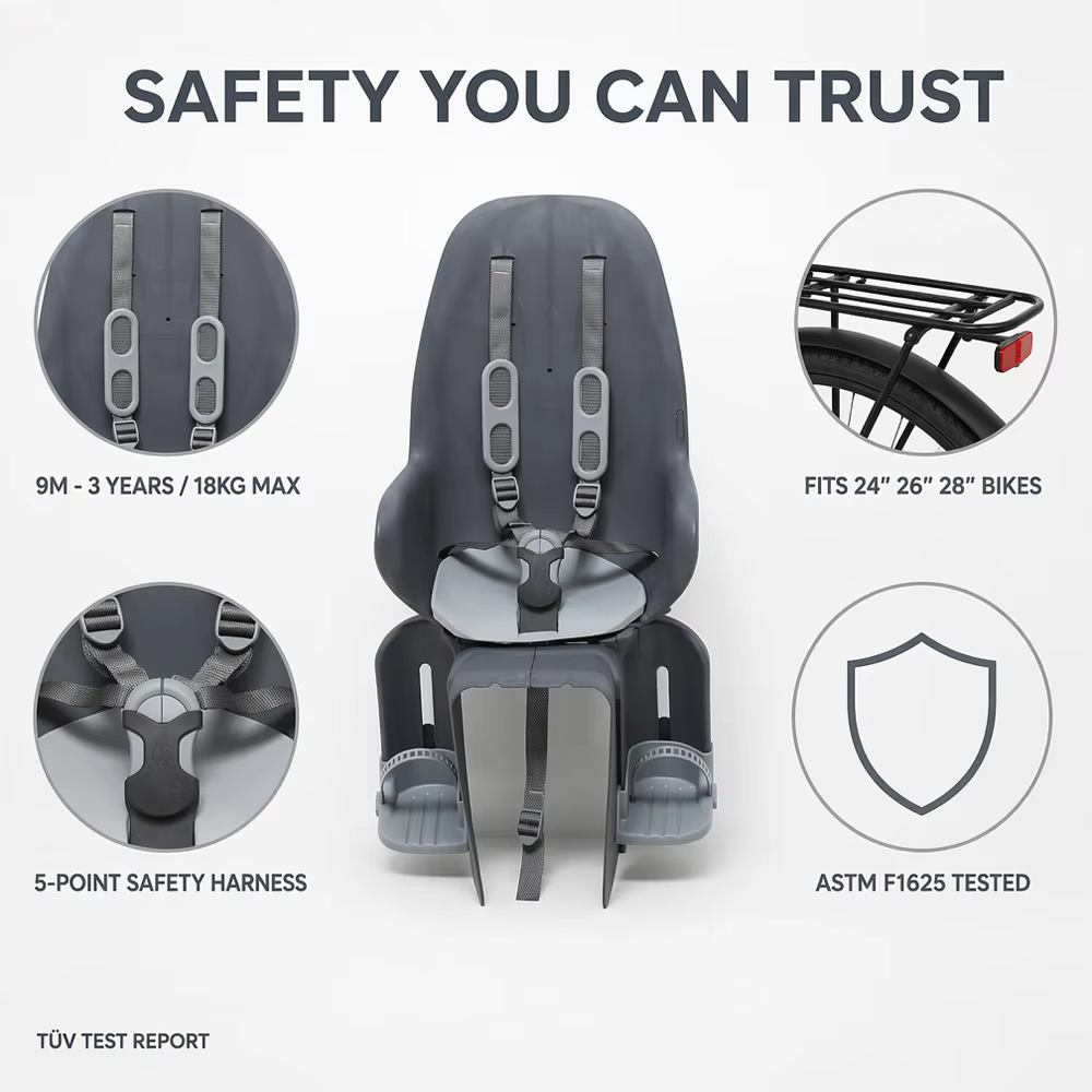 Adjustable Footrest Kids Rear Bike Seat with Shock Resistant Anti-Collision Safety Harness Ergonomic Curved Design All Seasons detail image 5