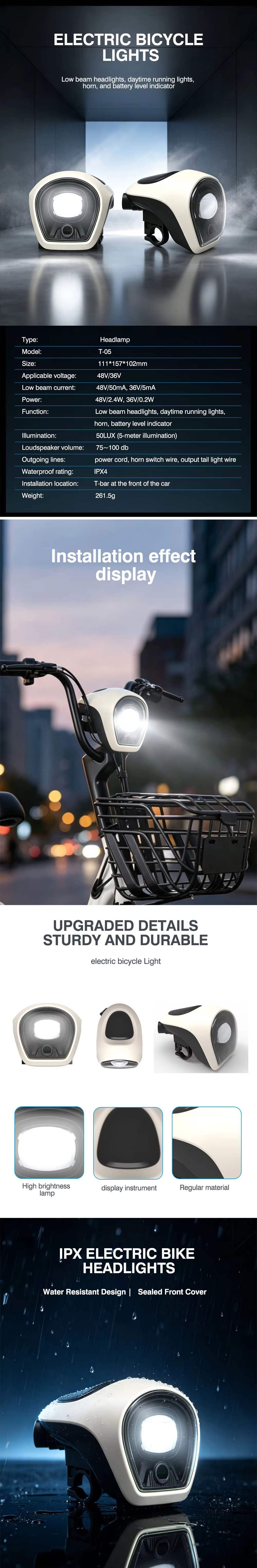 Electric Bicycle Front Light Battery Powered USB Rechargeable Waterproof LED E-bike Headlight Night Riding Safety Warning Lamp detail image 1