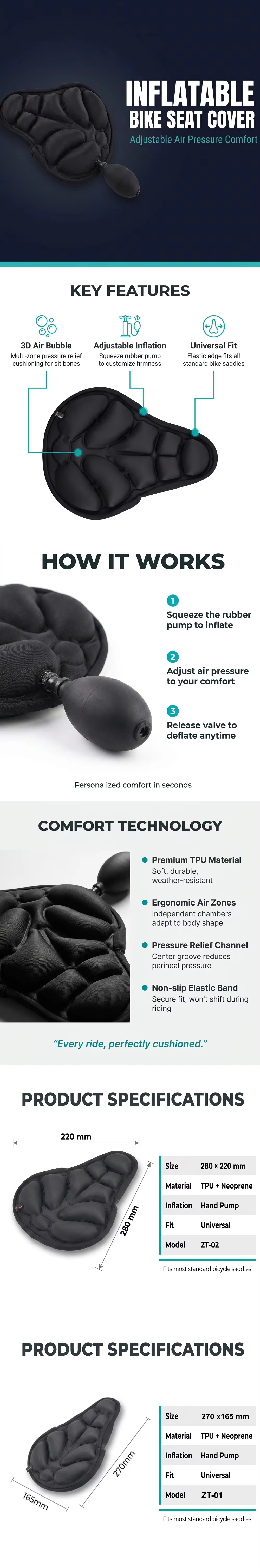 Fiber Cloth Inflatable Built-in Plastic Air Bag Padded Shock Absorbing Waterproof Adjustable Soft Lightweight Road Bike Saddle detail image 1