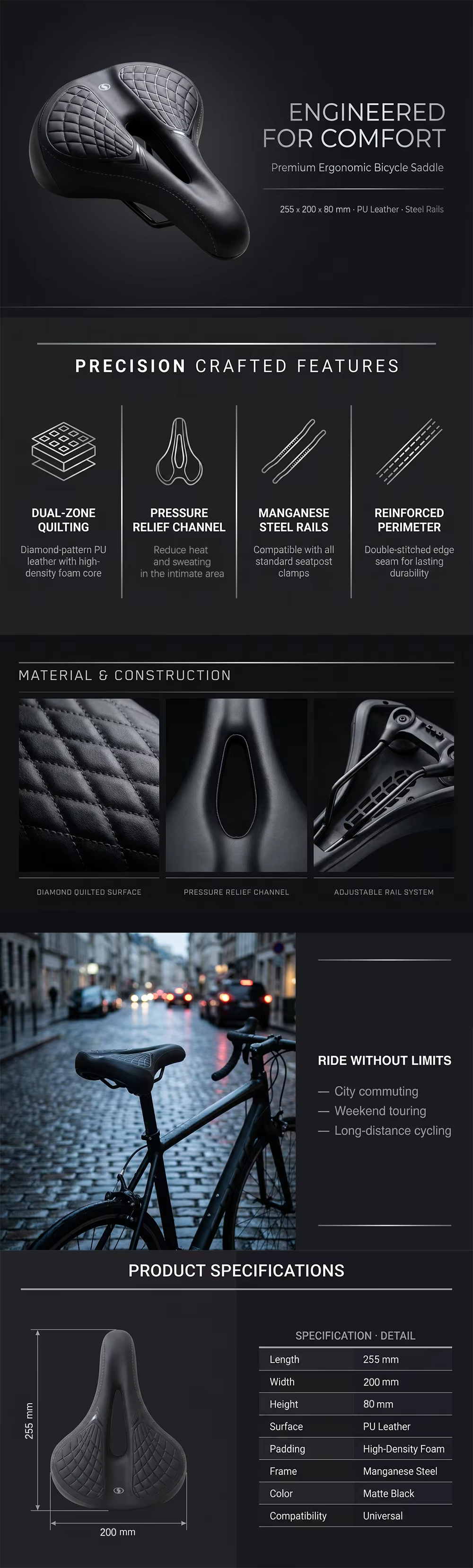 High Comfort Custom Logo Leather Simple Safety Ebike Bicycle Saddle Spring Suspension Warning Light detail image 1