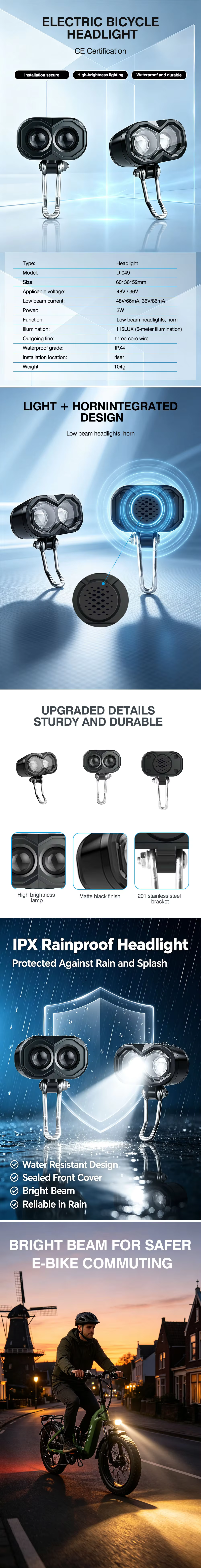 High Visibility LED Light With 201 Stainless Steel Bracket Reflector Certified Bicycle Front Light detail image 1