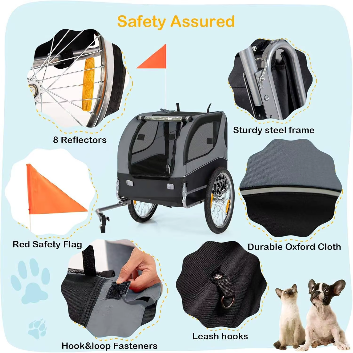 Large Foldable Stainless Steel Pet Bicycle Trailer Breathable Mesh Windows Waterproof Fabric Safety Reflectors Shopping Tools detail image 3