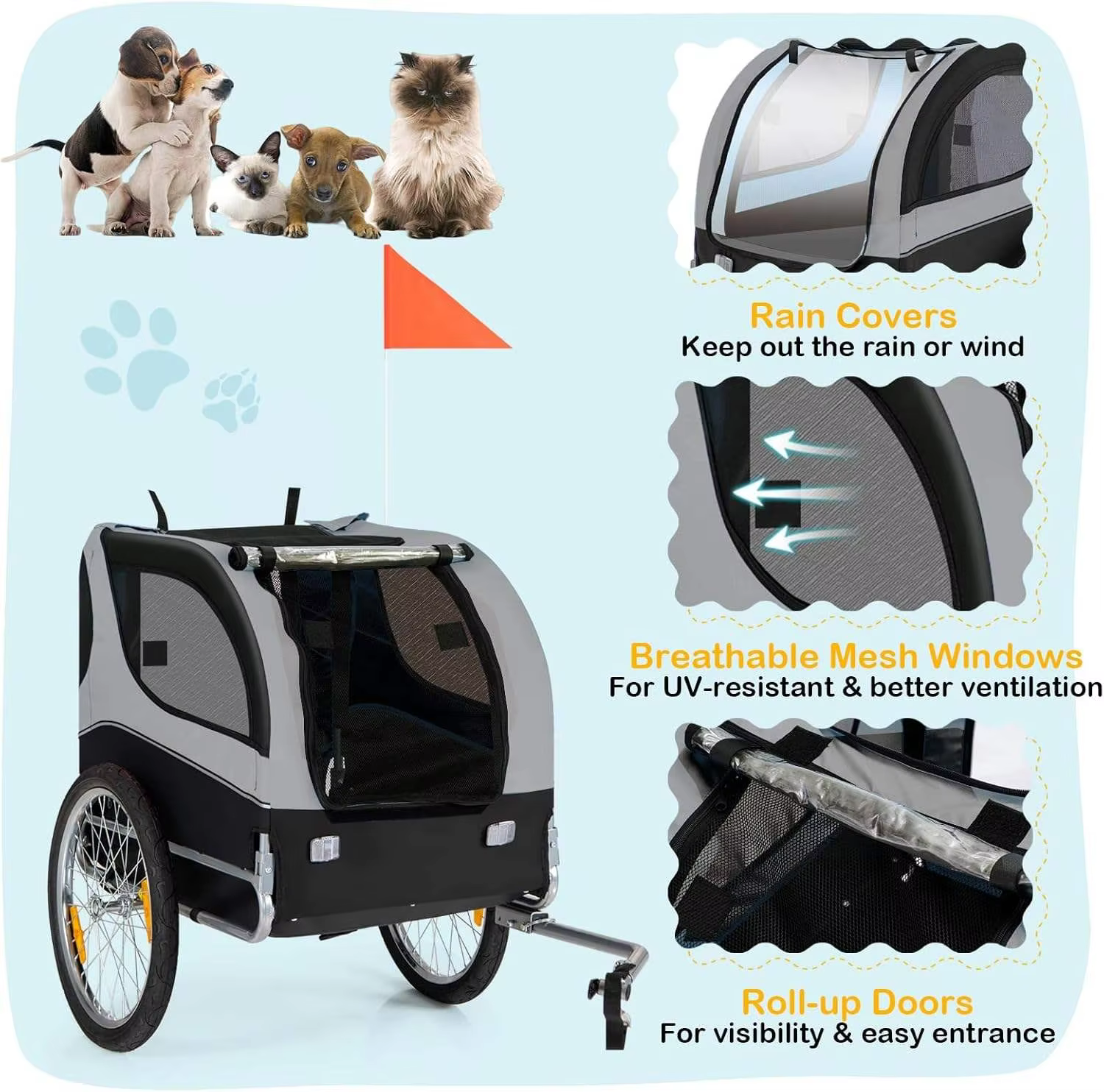 Large Foldable Stainless Steel Pet Bicycle Trailer Breathable Mesh Windows Waterproof Fabric Safety Reflectors Shopping Tools detail image 5