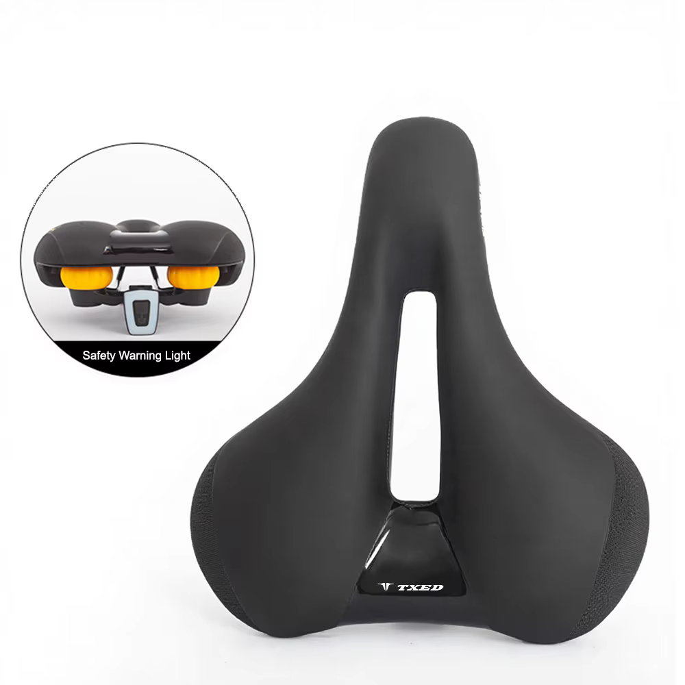Leather Wide Comfortable Breathable Hollow MTB Road Bike Saddle with Warning Light Waterproof Shockproof Cushion