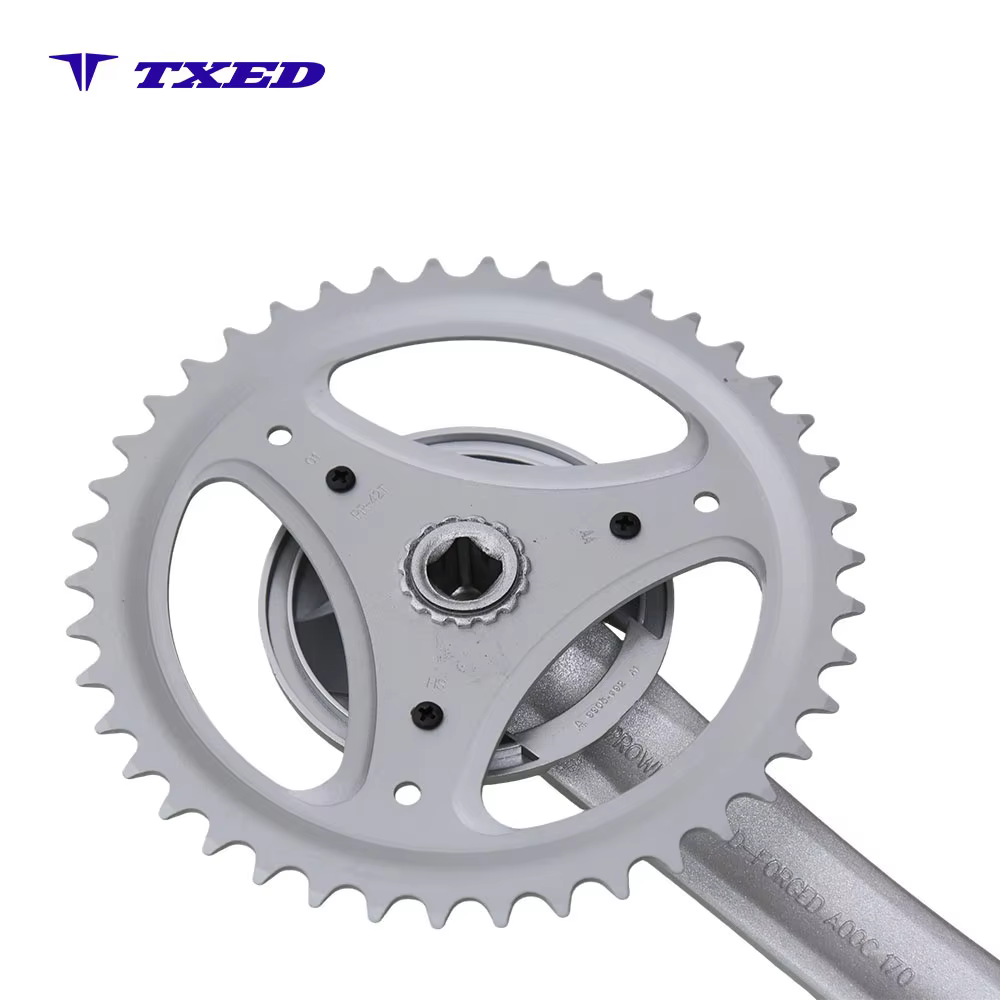 MTB Bicycle Disc Brake 4-Corner Spline Crankset 3/32"x44Tx170mm CP Steel Wide Fish Crank Silver Chainring Outer Guard Polished detail image 5
