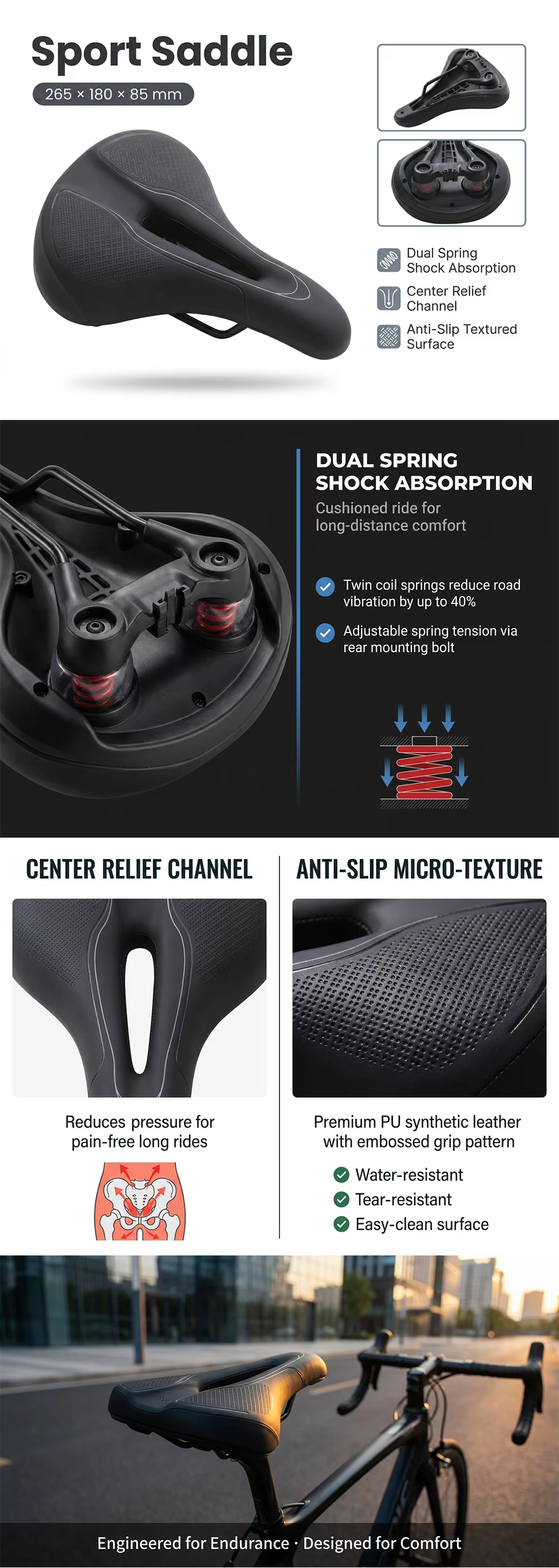 Premium Leather Wide Comfort Built-in Warning Light Ergonomic Foam Padded Waterproof Unisex Adults All Seasons Bicycle Saddle detail image 1