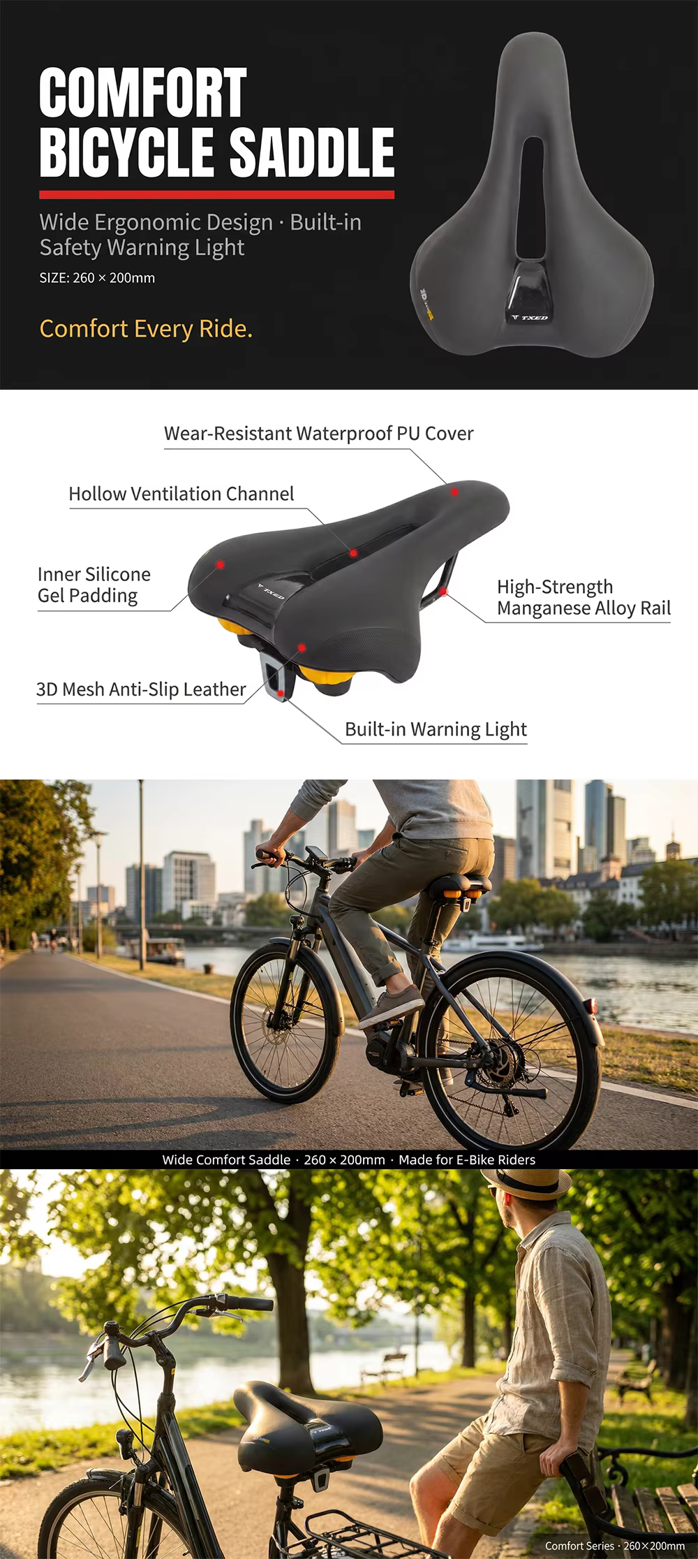 Shock Absorption Hollow Breathable Bike Seat Comfortable Bicycle Saddle with Warning Light for MTB Road E-bike Commuter detail image 1