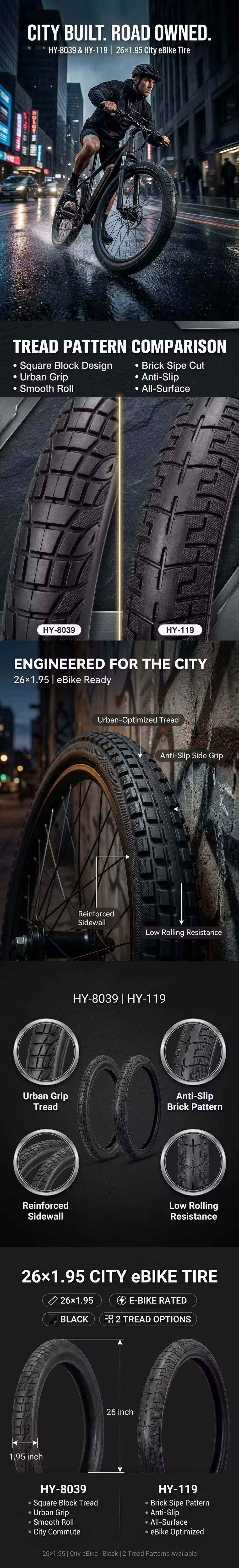 Wholesale HONGYANG HY-119/HY-8039 26in Semi-Slick Surface Rubber City Bike Tire Durable detail image 1