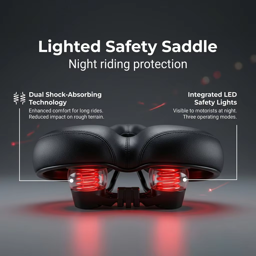 Wide Comfort E Bicycle Seat Spring Suspension and Warning Lights Oversized Waterproof Bike Saddle for Long Ride Comfort